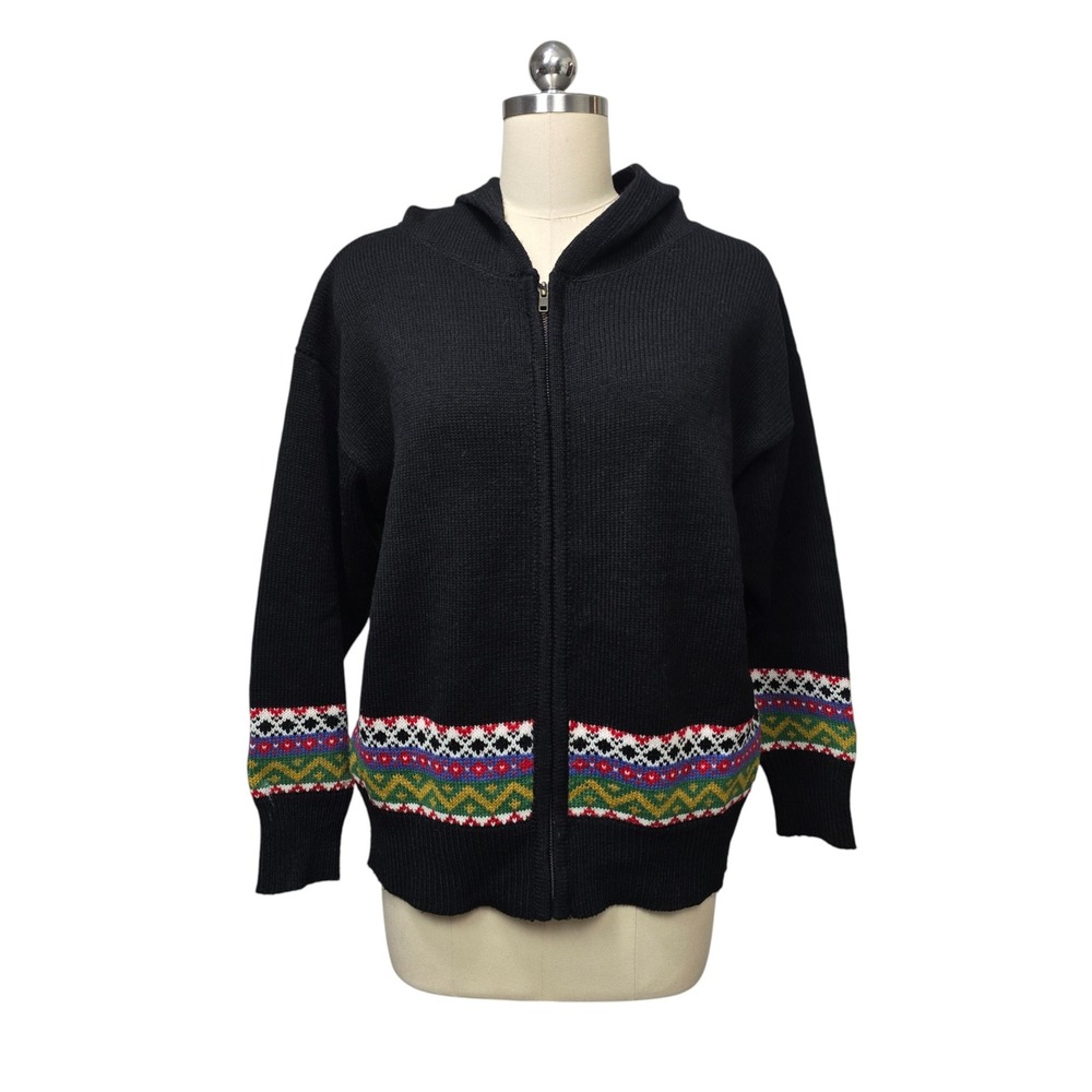 Vintage Mexx Black Zip Up Hoodie Fair Isle Geometric Pattern Womens Small‎ Wool